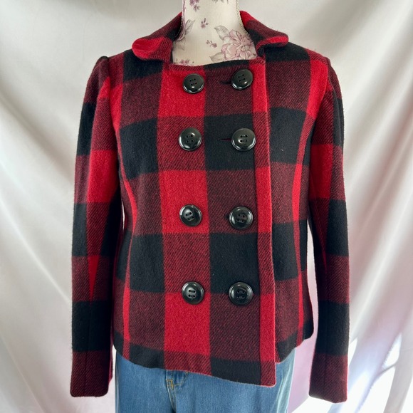 Relativity Red Black Buffalo‎ Plaid Wool Blend Peacoat Jacket PM Petite Medium - Picture 3 of 17